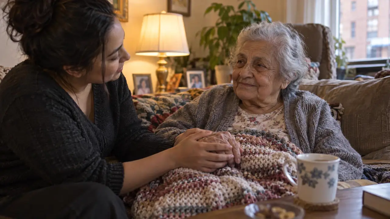 A daughter holding her elderly mother's hand at home