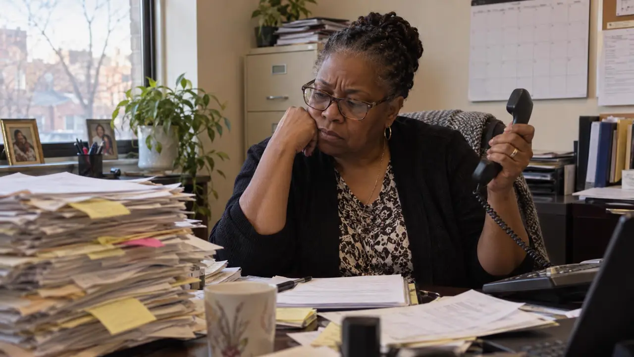A home care agency owner at her desk, frustrated, next to a tall stack of printed lead lists
